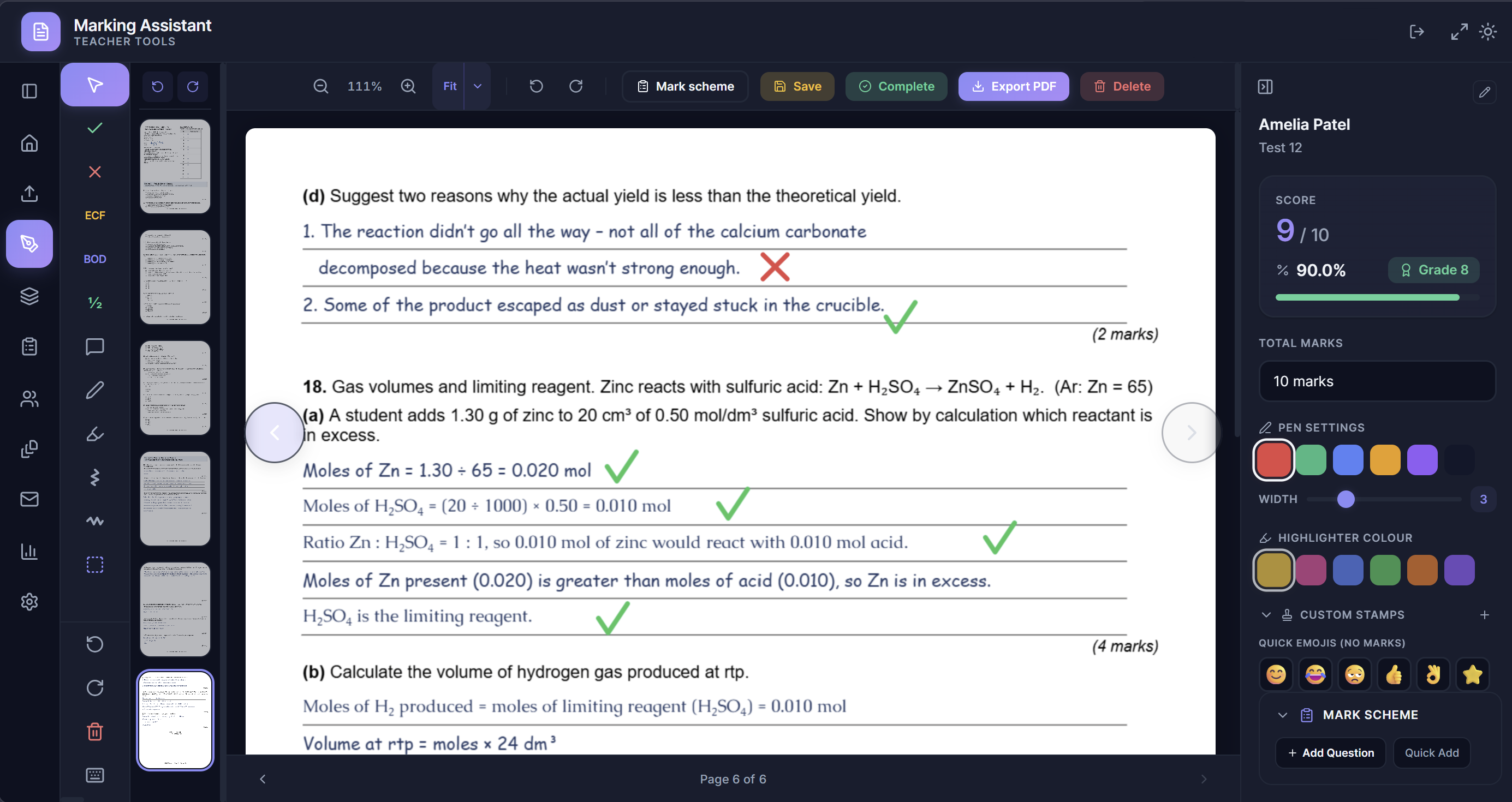 Marking Assistant in dark mode — marking a chemistry paper