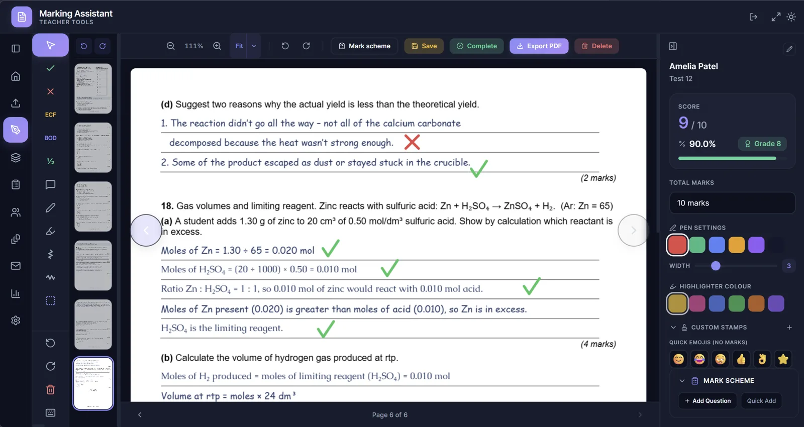 Teacher Marking Assistant in dark mode — annotating and scoring a chemistry exam paper