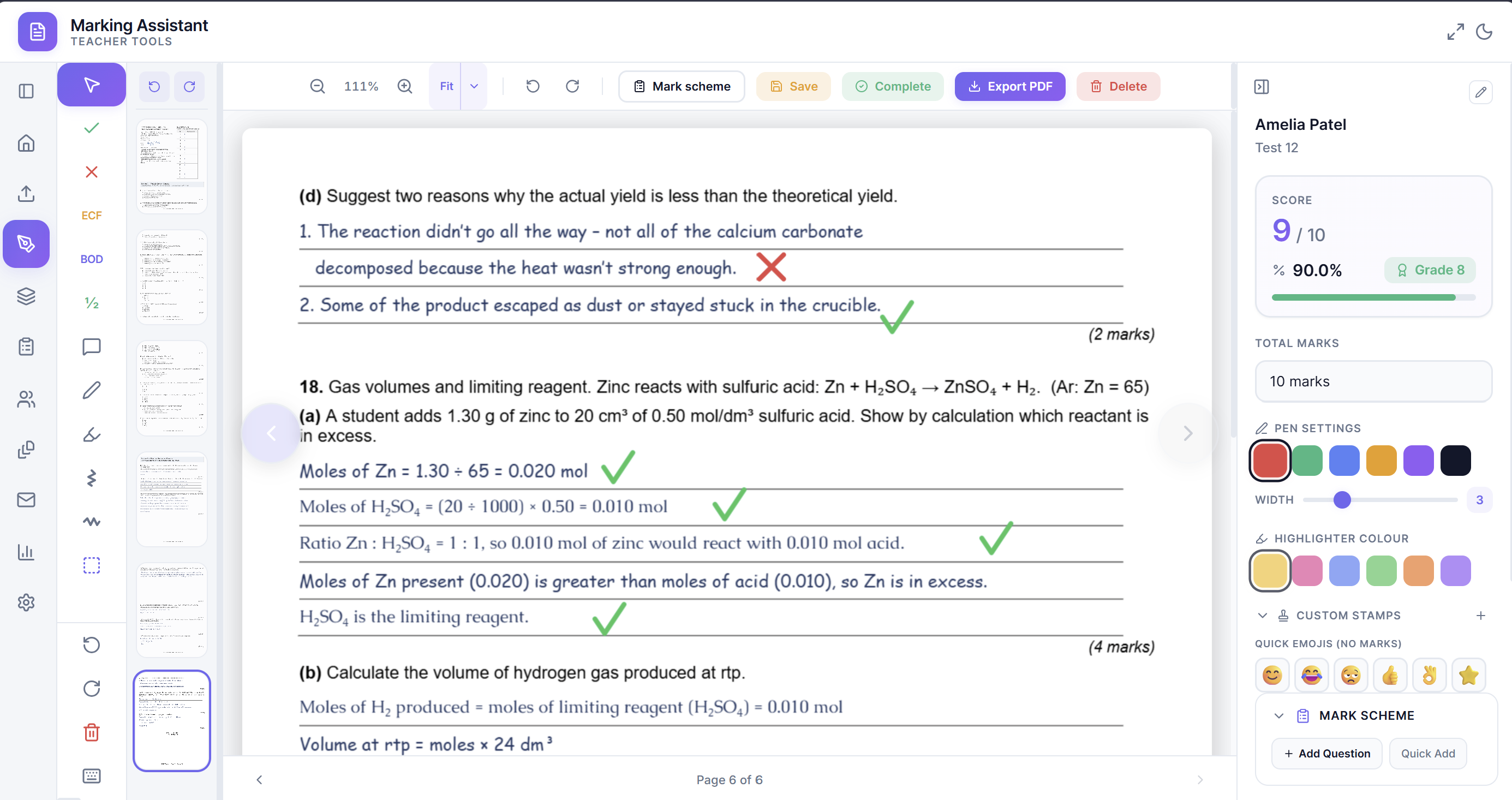 Marking Assistant in light mode — marking a chemistry paper